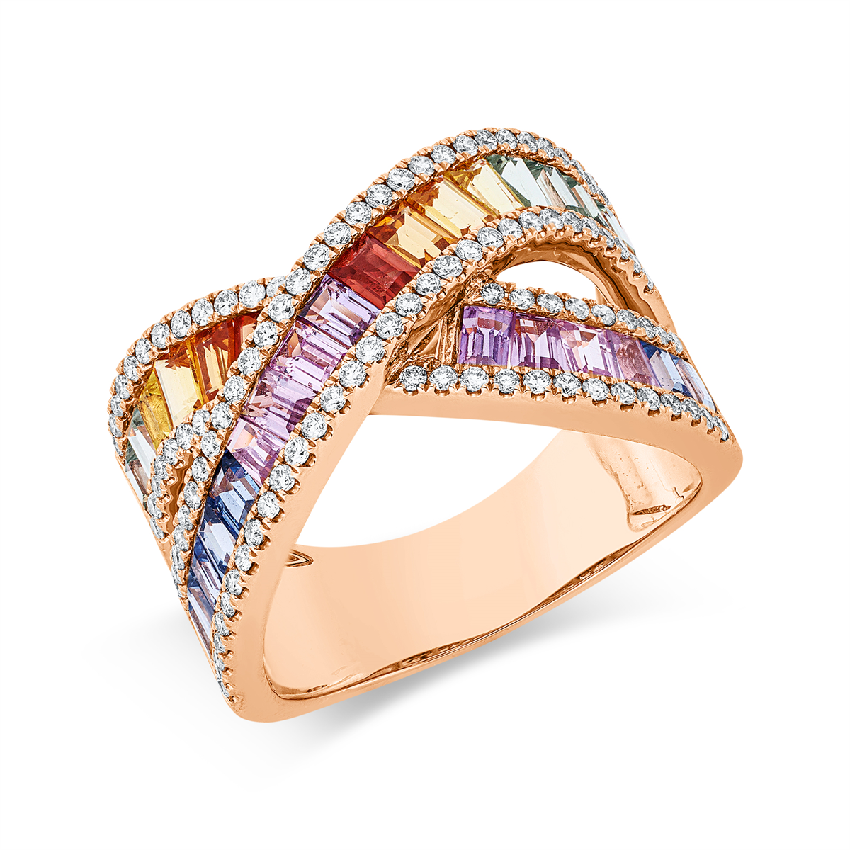 diamond full cut sapphire rainbow & multicolor ring in red gold