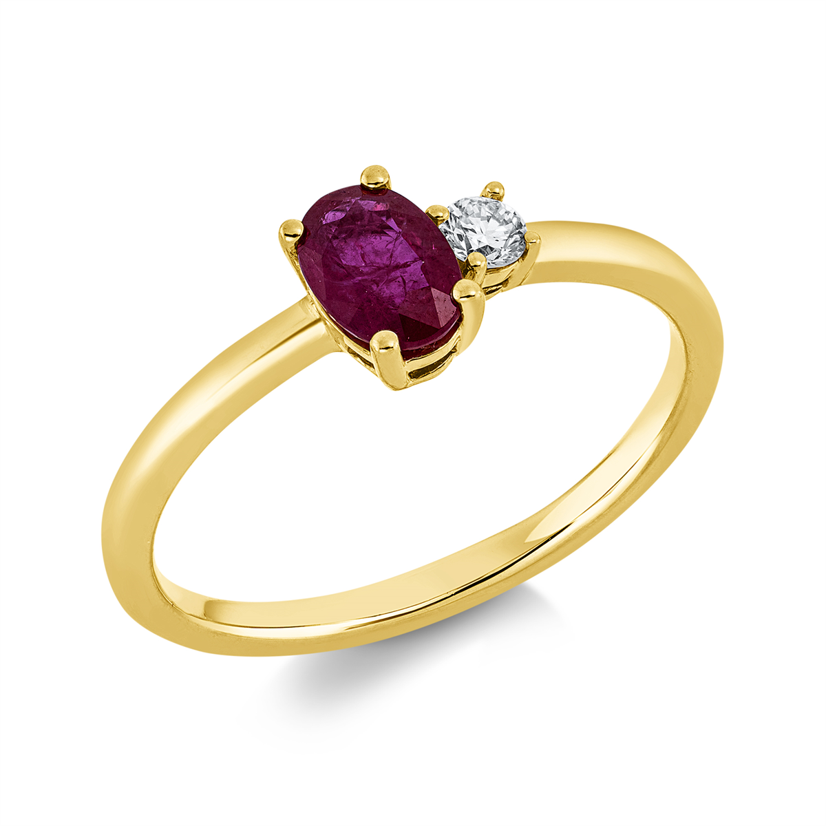 diamond full cut ruby colored stone classic ring in yellow gold