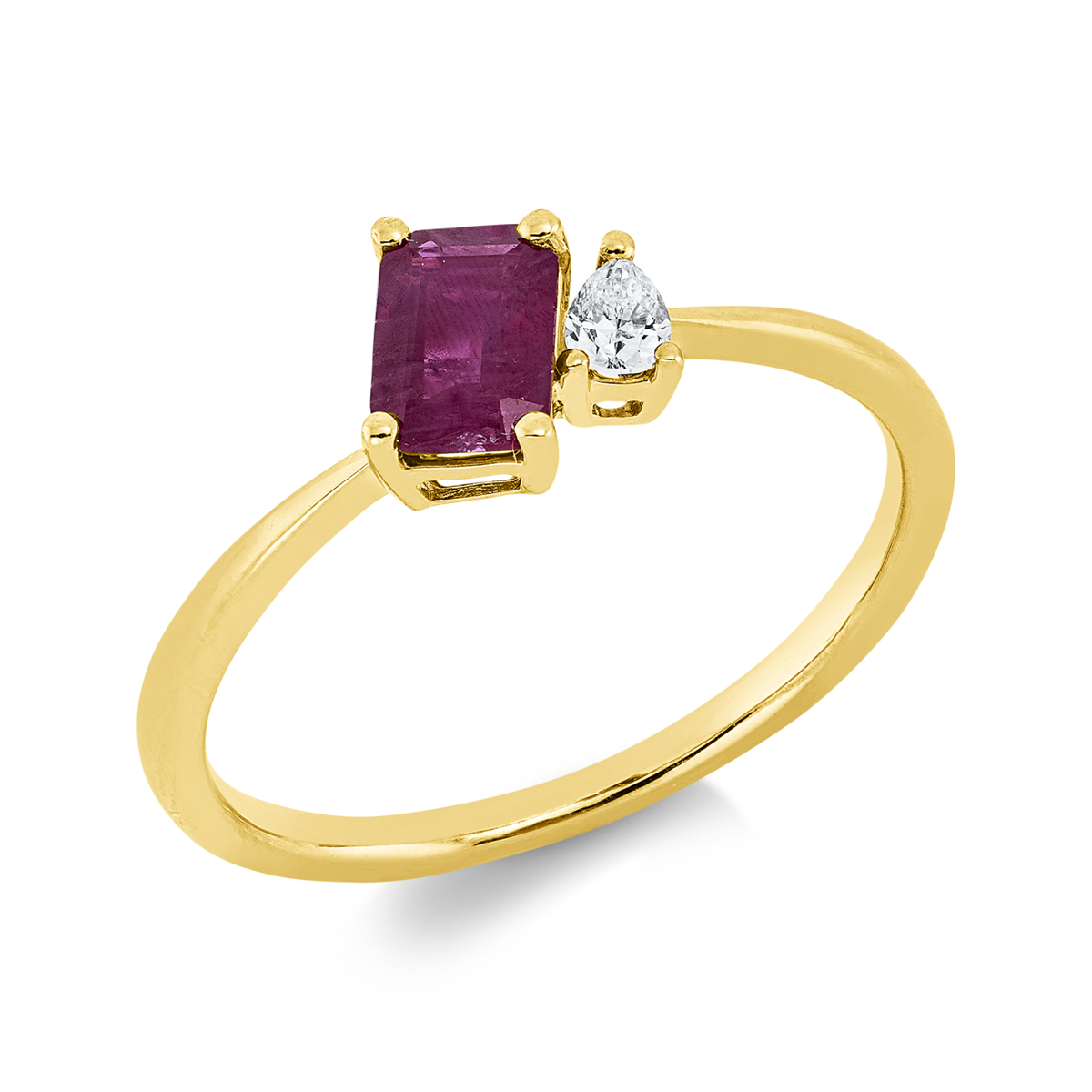 pear shape ruby colored stone classic ring in yellow gold
