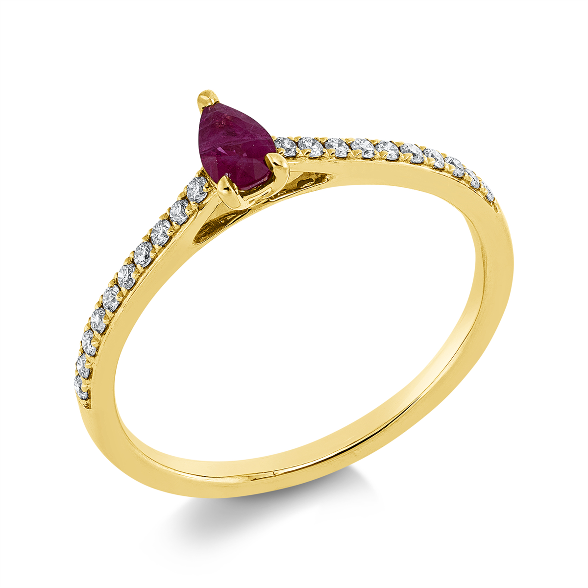 diamond full cut ruby colored stone classic ring in yellow gold