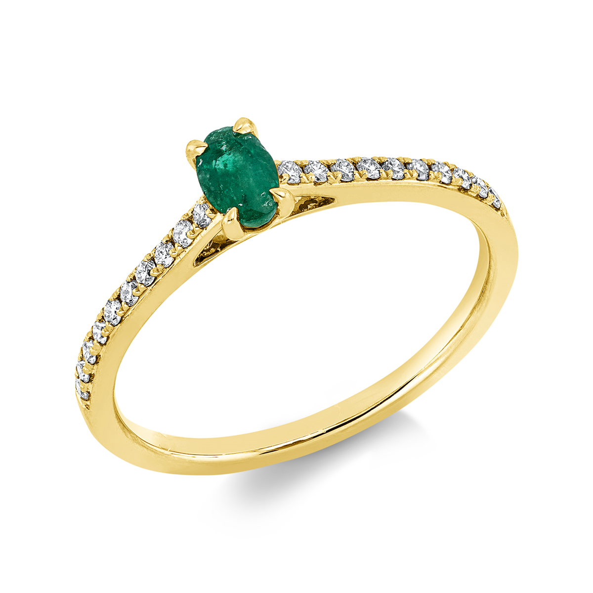 diamond full cut emerald colored stone classic ring in yellow gold