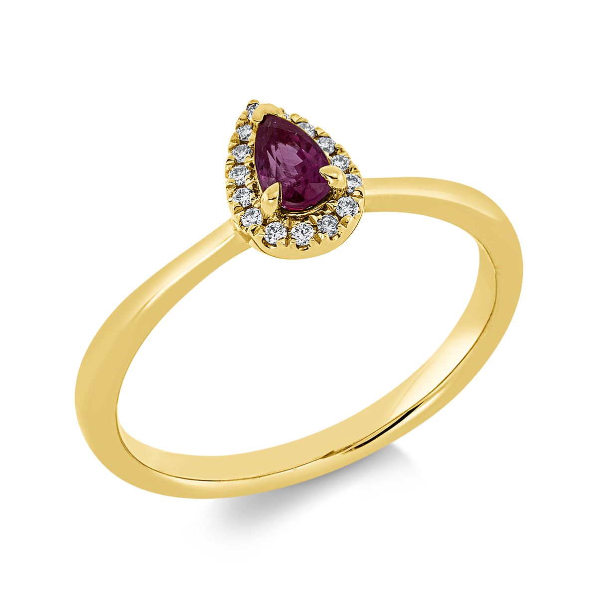 diamond full cut ruby colored stone classic ring in yellow gold
