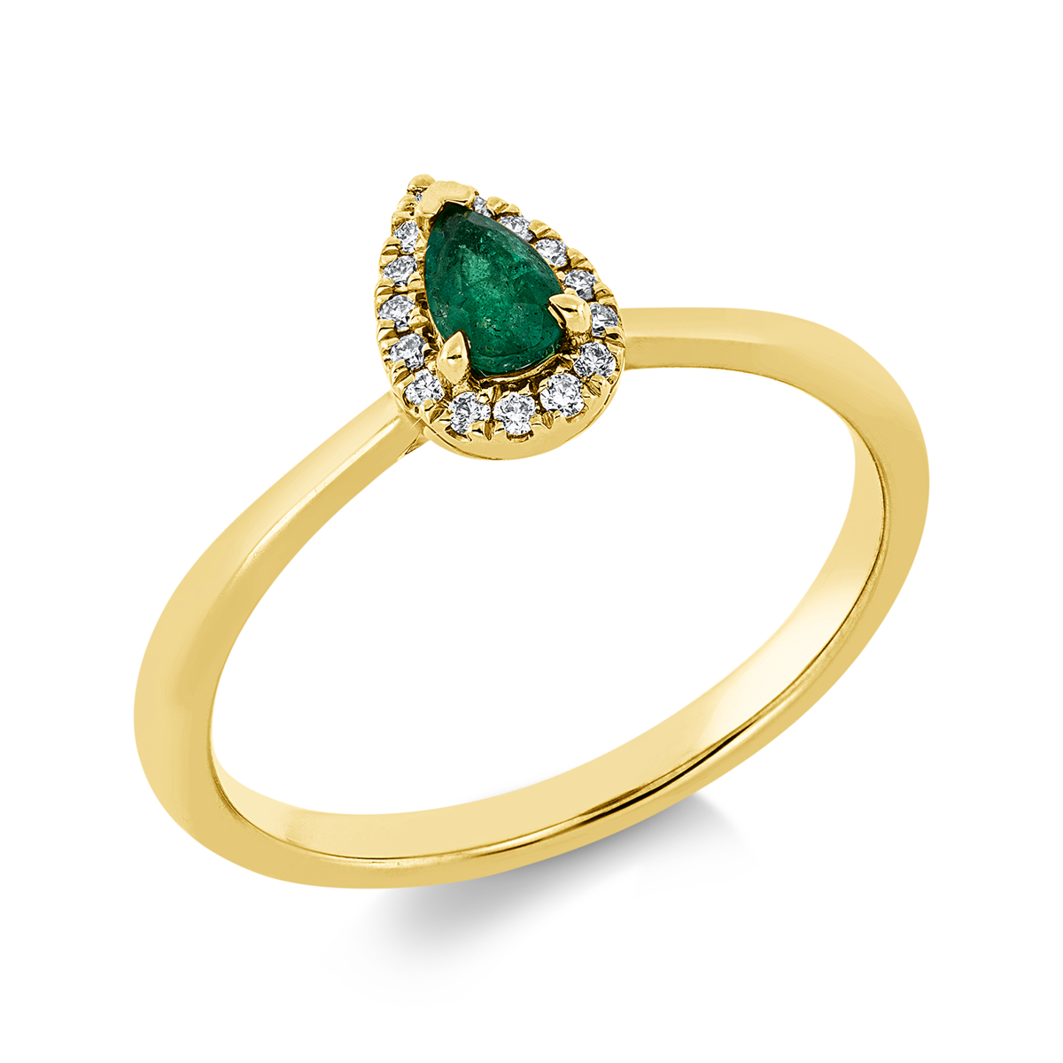 diamond full cut emerald colored stone classic ring in yellow gold