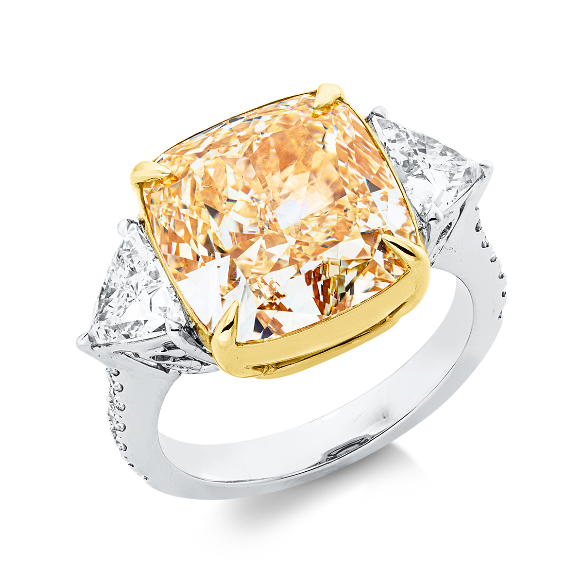 cushion fancy colored diamond ring in white gold / yellow gold