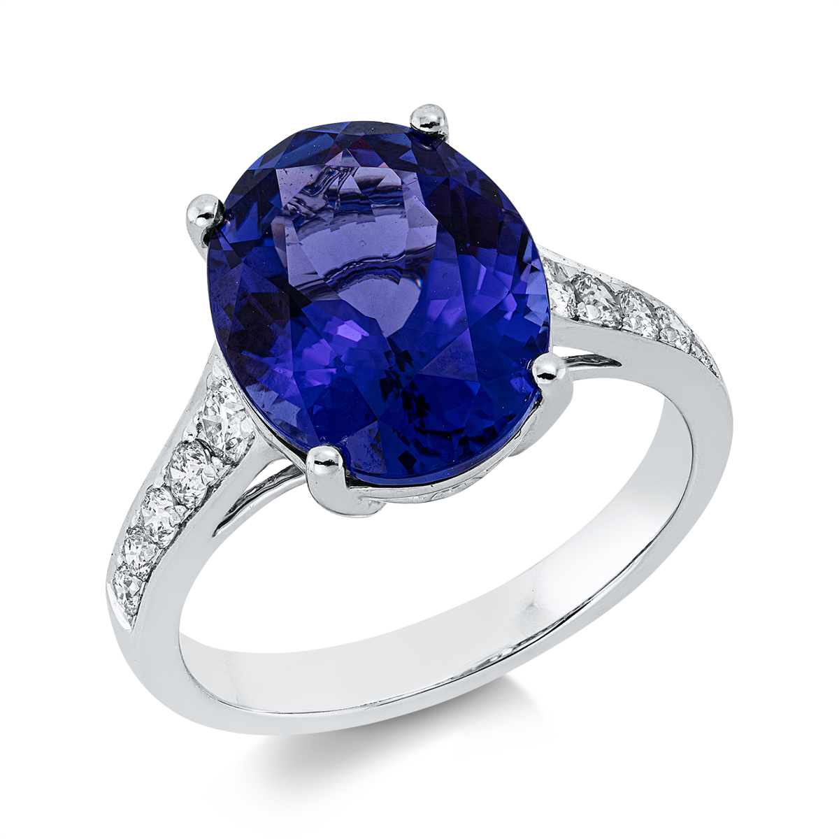 diamond full cut tanzanite colored stone classic ring in white gold