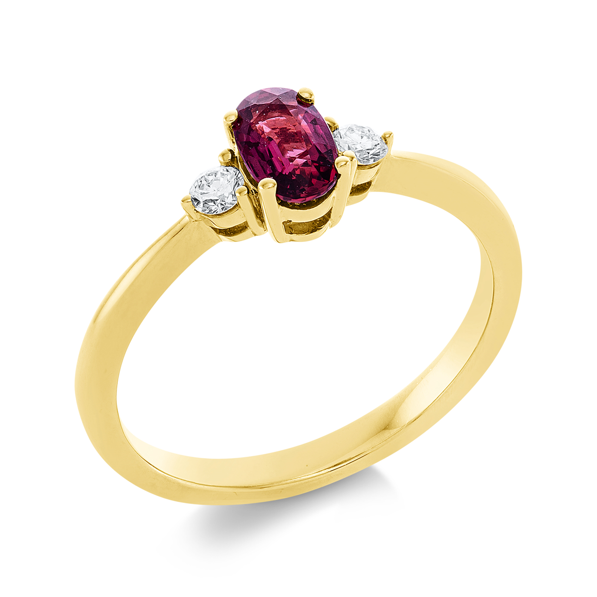 diamond full cut ruby colored stone classic ring in yellow gold