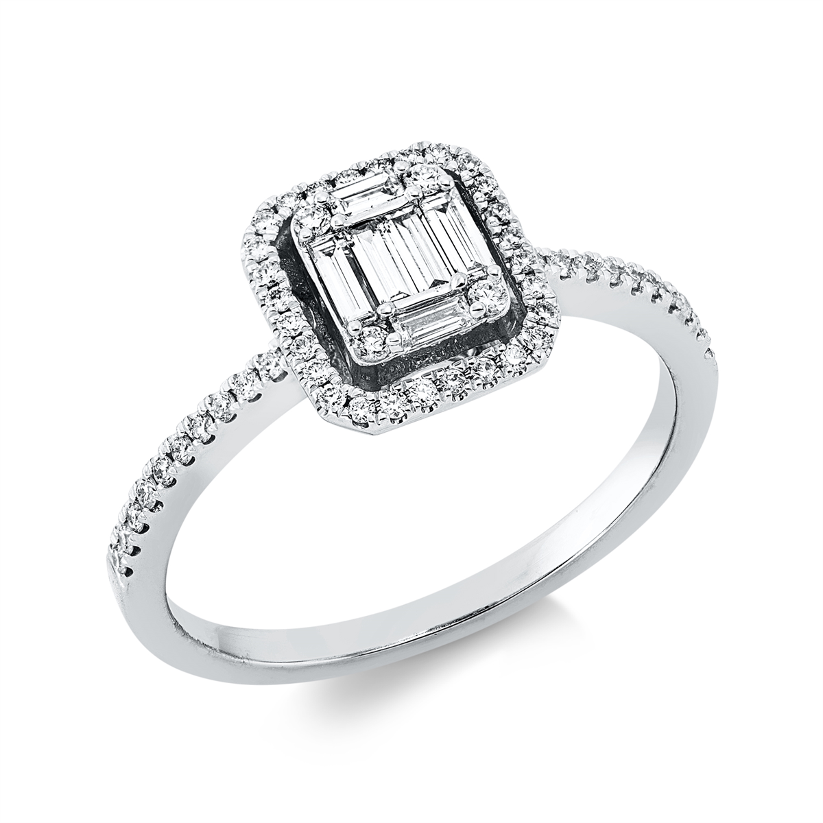 diamond single cut baguette illusion ring in white gold
