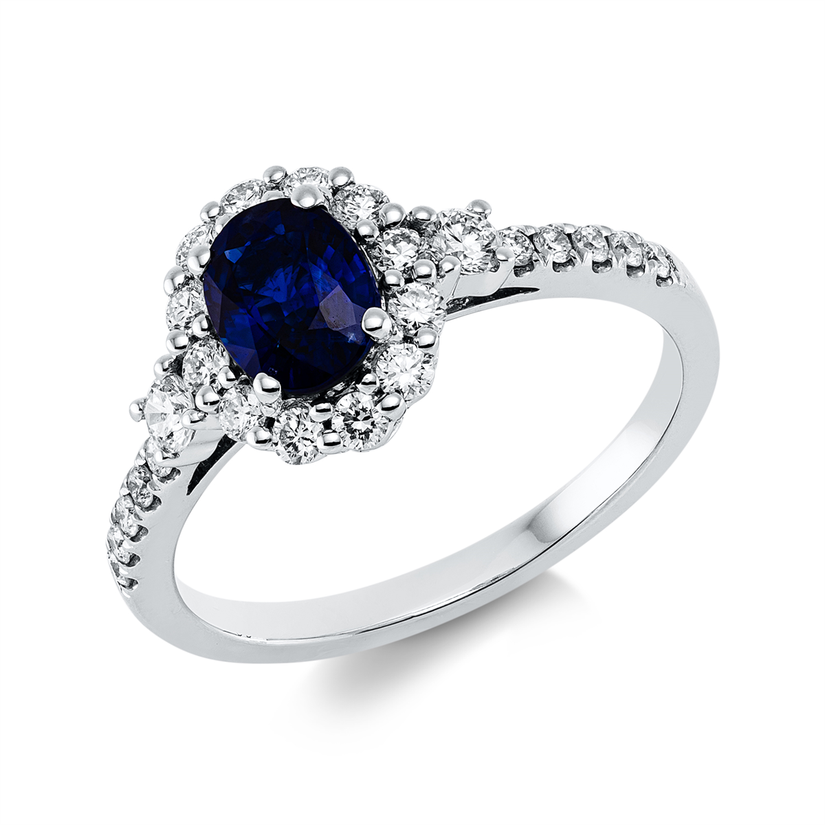 diamond full cut sapphire colored stone classic ring in white gold