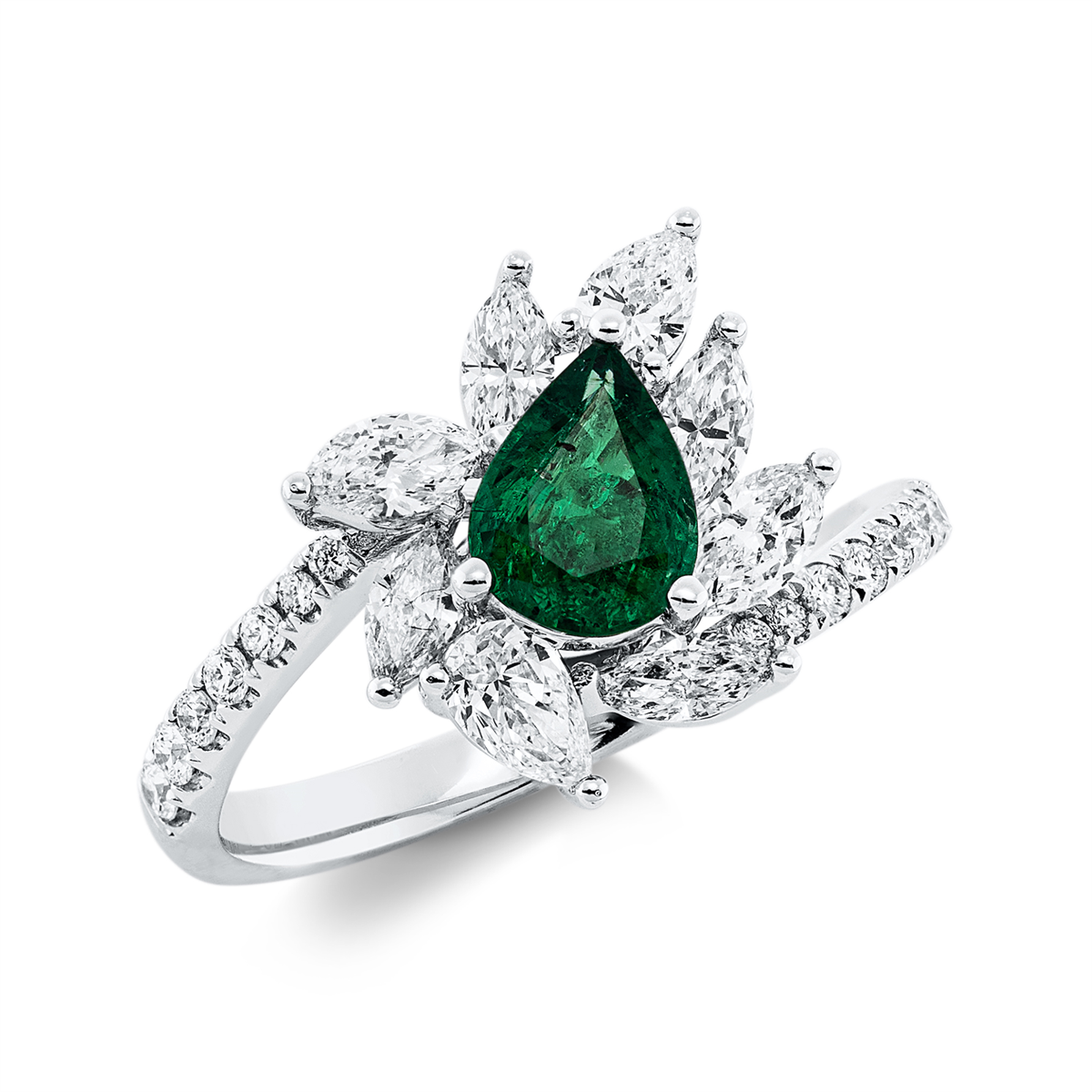 diamond full cut emerald colored stone classic ring in white gold