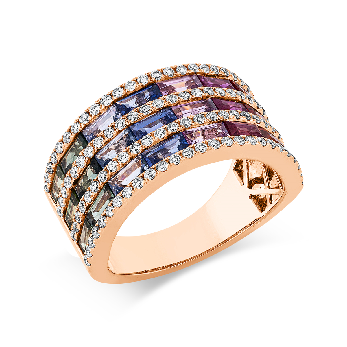 diamond full cut sapphire rainbow & multicolor ring in red gold