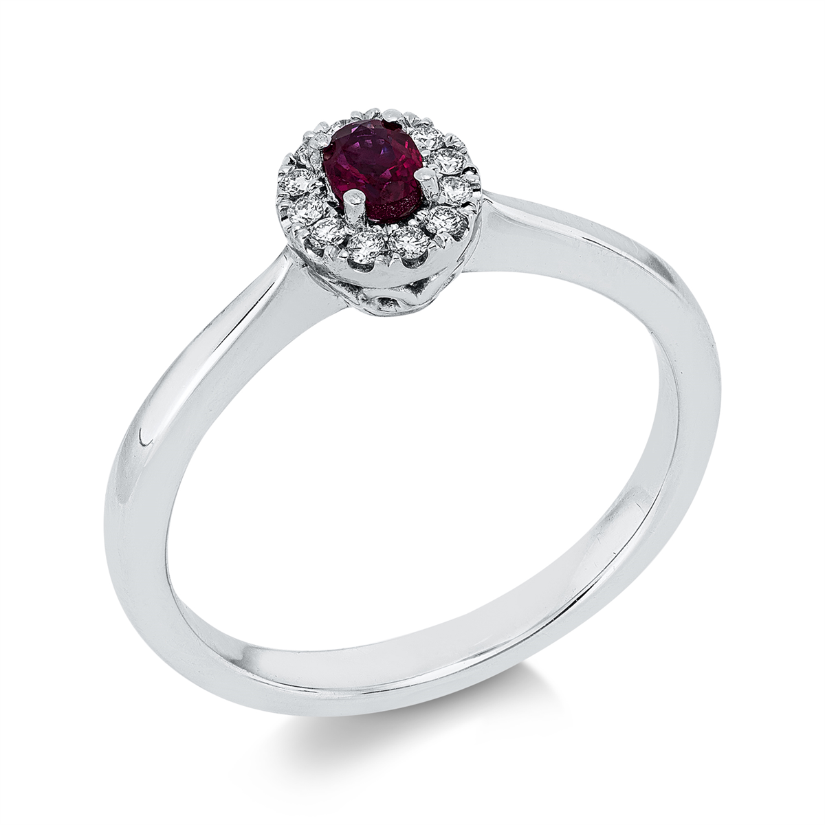 diamond full cut ruby colored stone classic ring in white gold