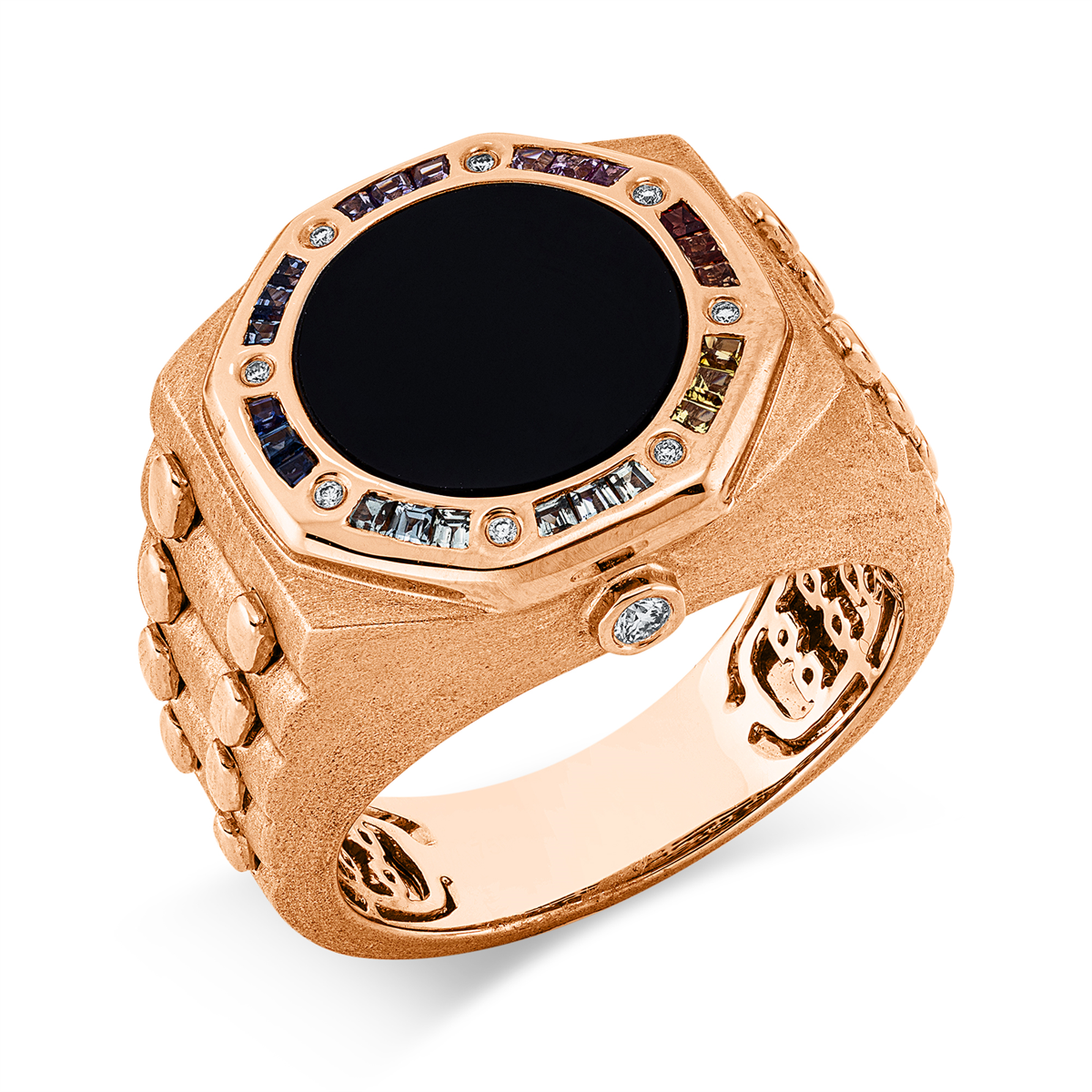 diamond full cut sapphire rainbow & multicolor ring in red gold