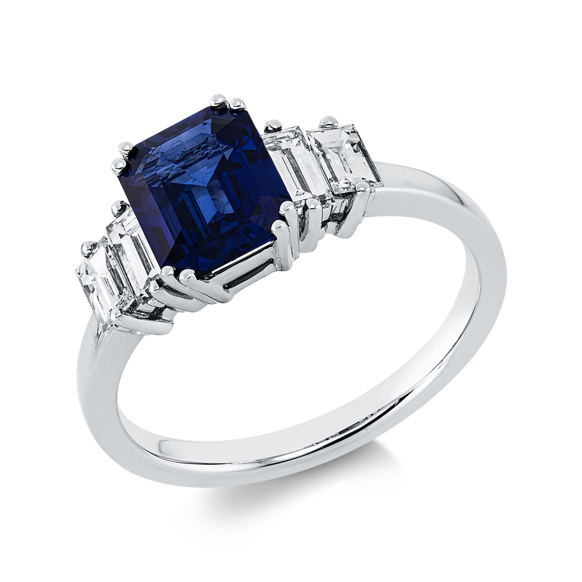 baguette sapphire colored stone classic ring in white gold