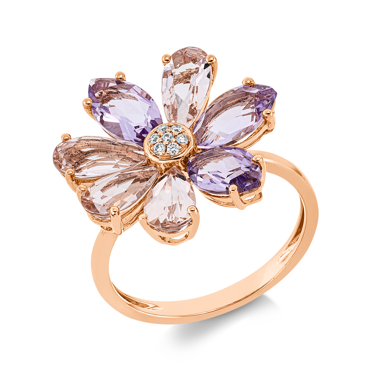 diamond full cut amethyst colored stone fashion ring in red gold