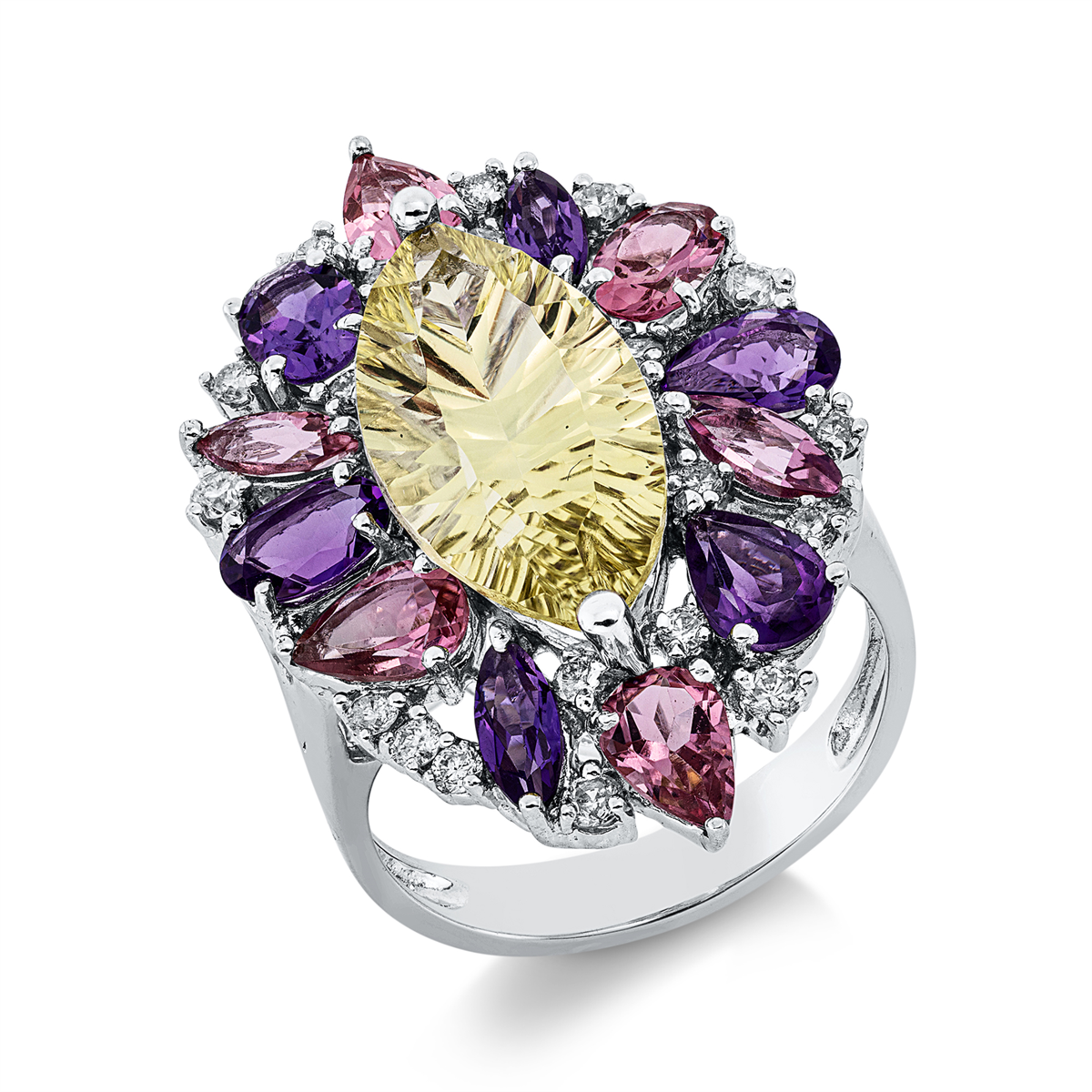 diamond full cut tourmaline colored stone fashion ring in white gold