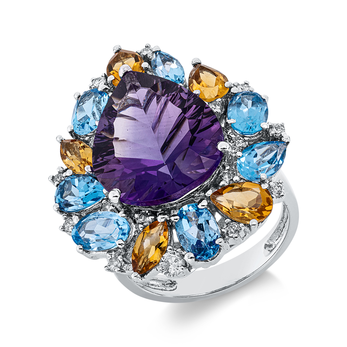 diamond full cut citrine colored stone fashion ring in white gold