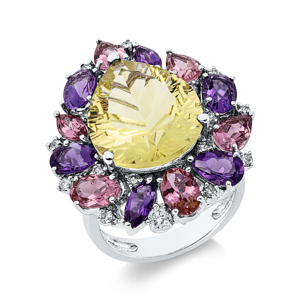 diamond full cut tourmaline colored stone fashion ring in white gold