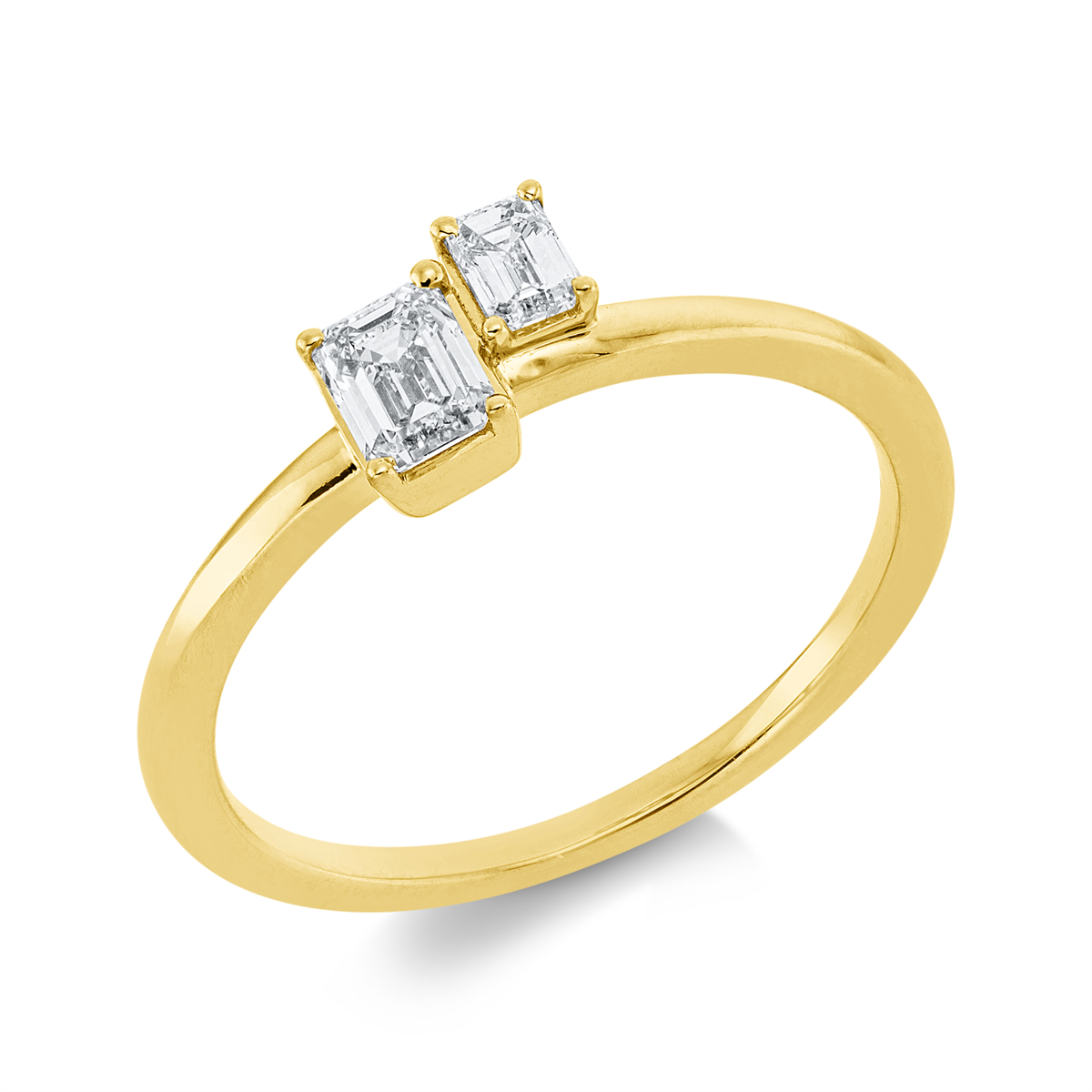 emerald cut modern woman ring in yellow gold