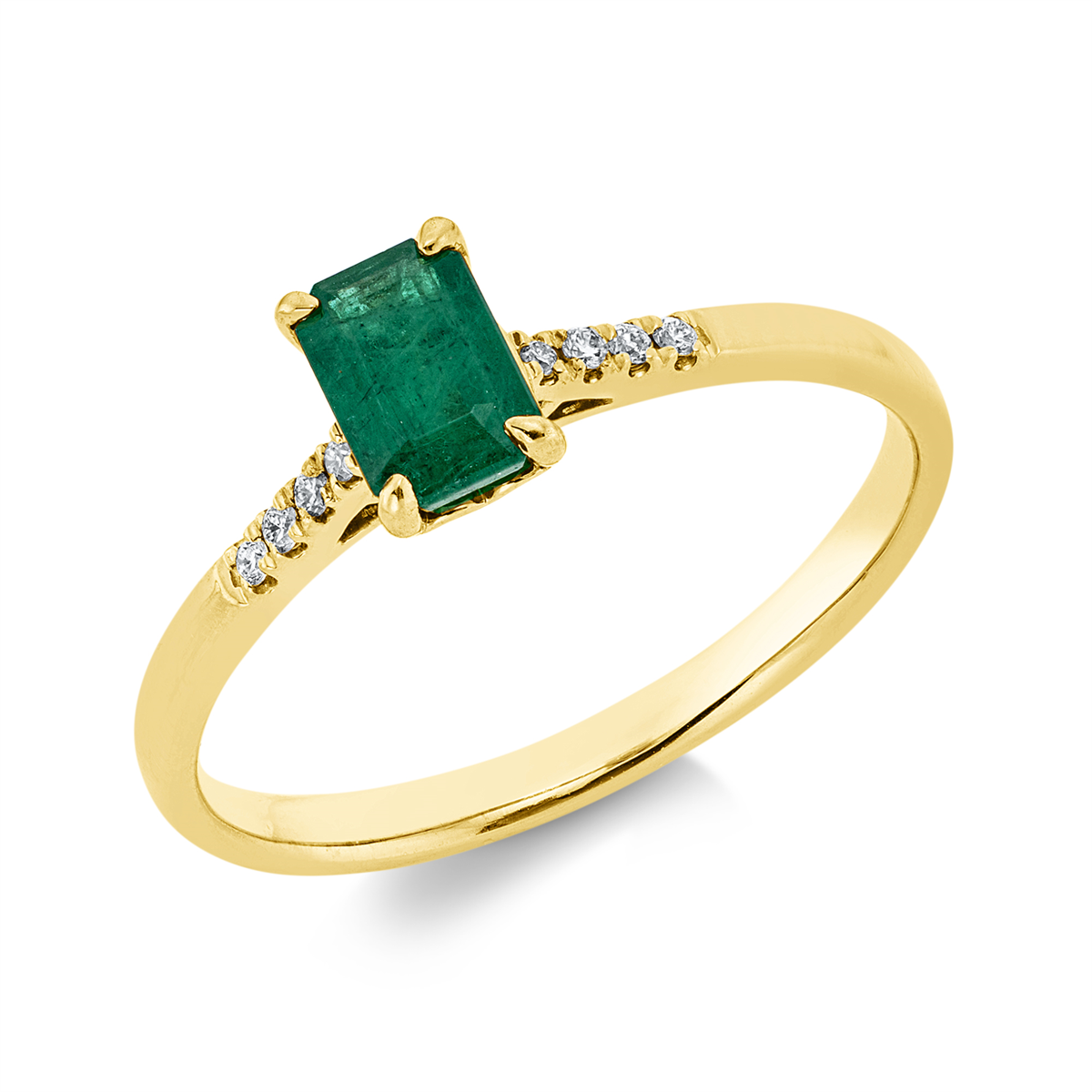 diamond full cut emerald colored stone classic ring in yellow gold