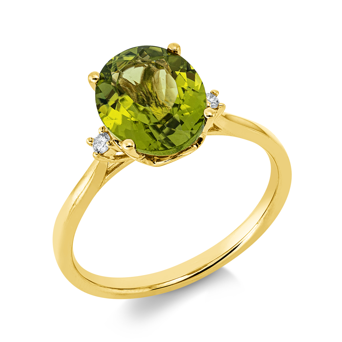 diamond full cut peridot colored stone fashion ring in yellow gold