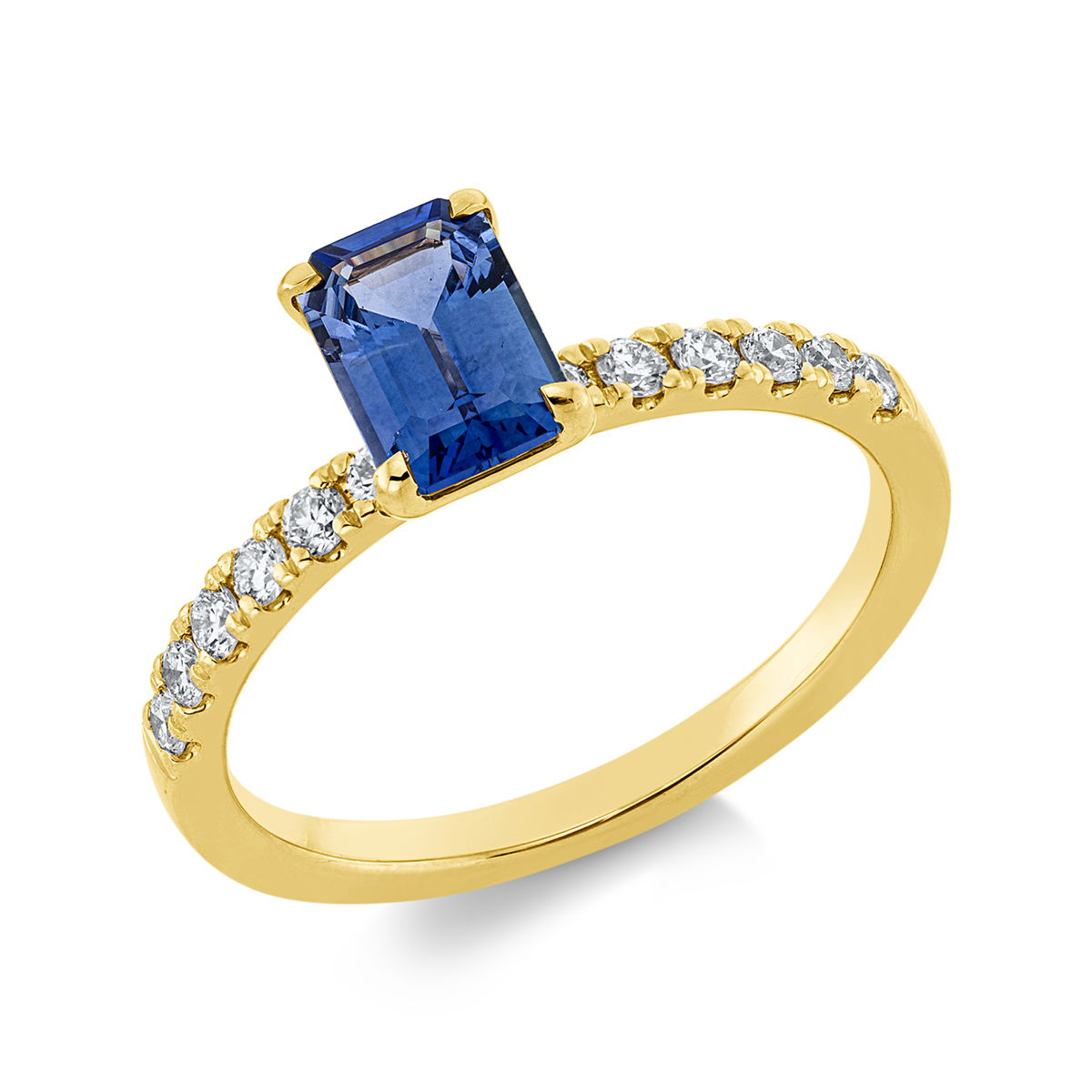 diamond full cut sapphire colored stone classic ring in yellow gold