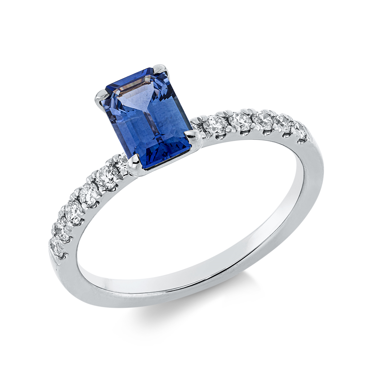 diamond full cut sapphire colored stone classic ring in white gold
