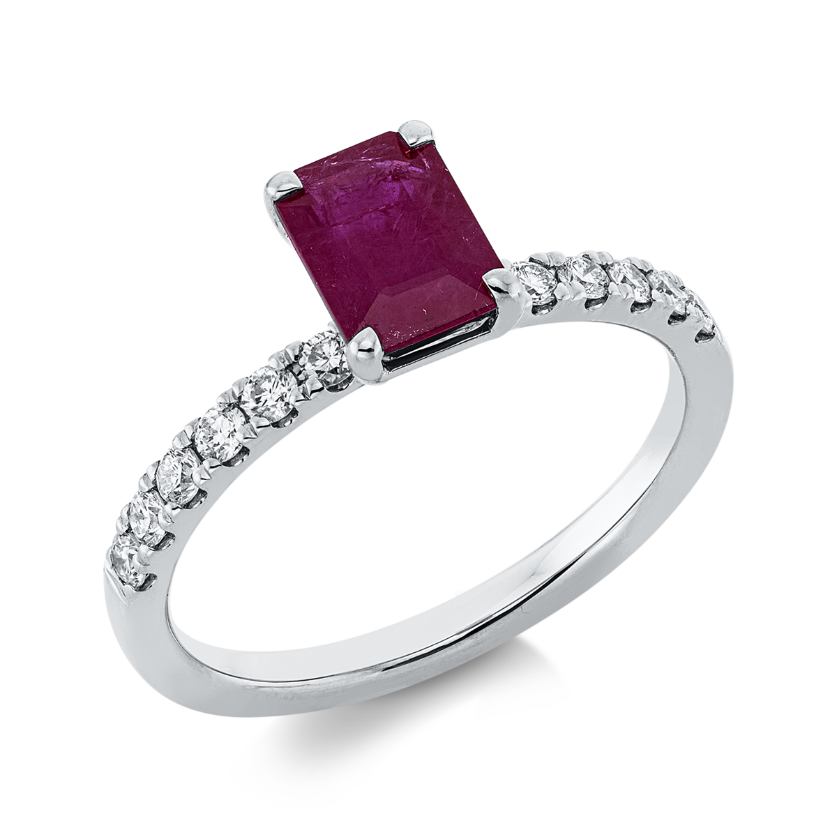 diamond full cut ruby colored stone classic ring in white gold