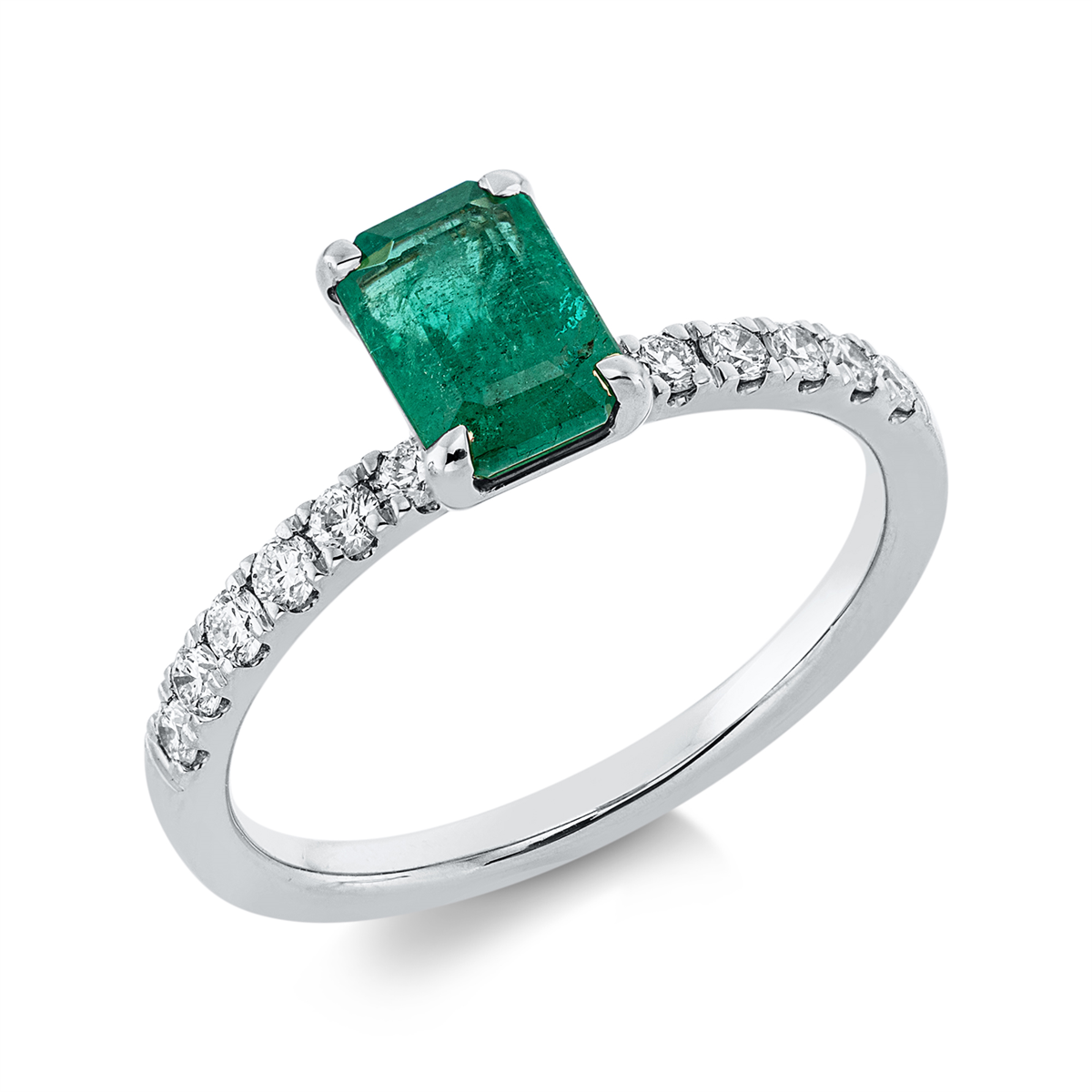 diamond full cut emerald colored stone classic ring in white gold