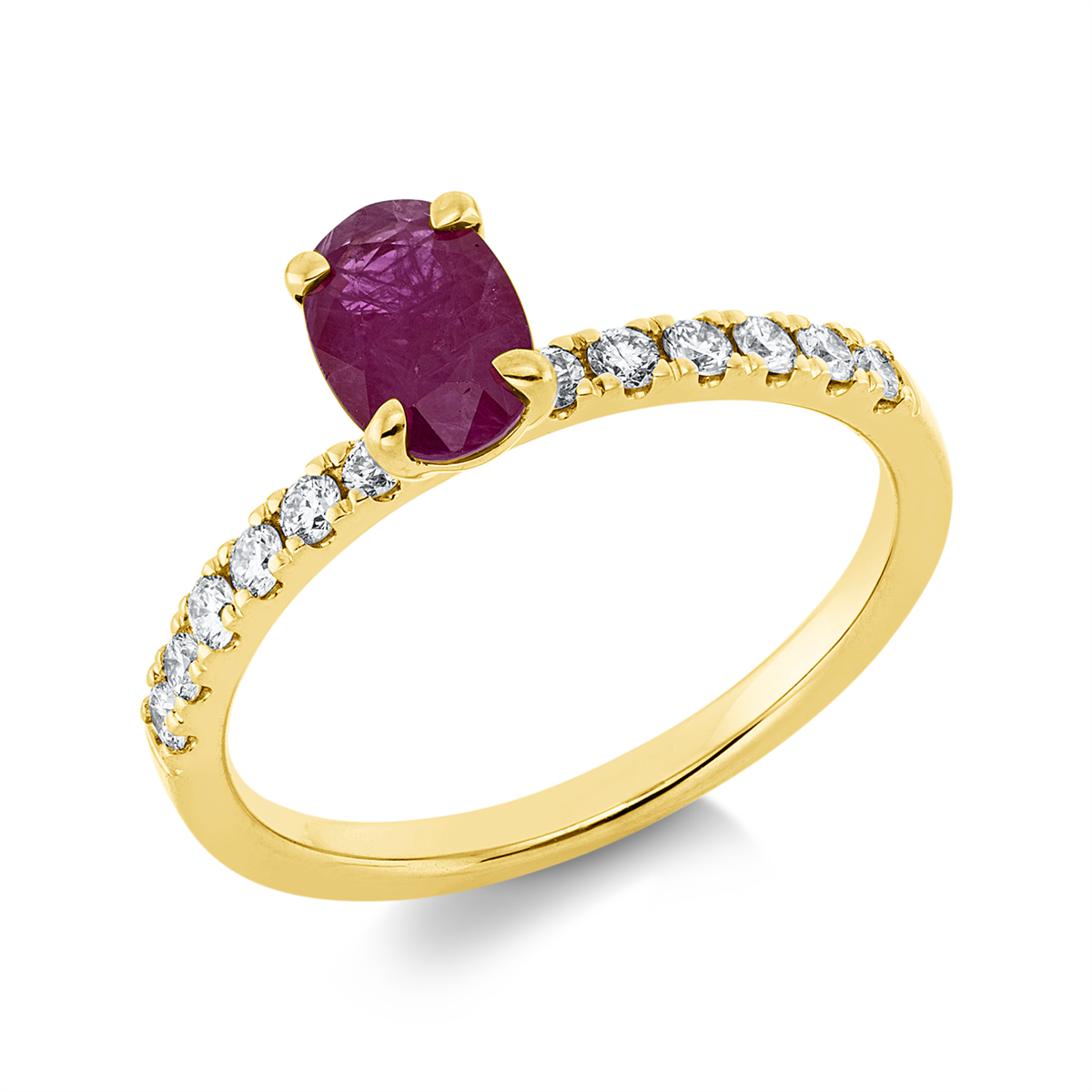 diamond full cut ruby colored stone classic ring in yellow gold