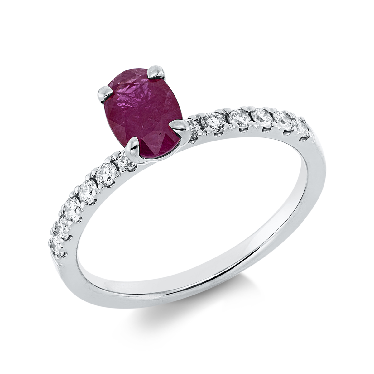 diamond full cut ruby colored stone classic ring in white gold
