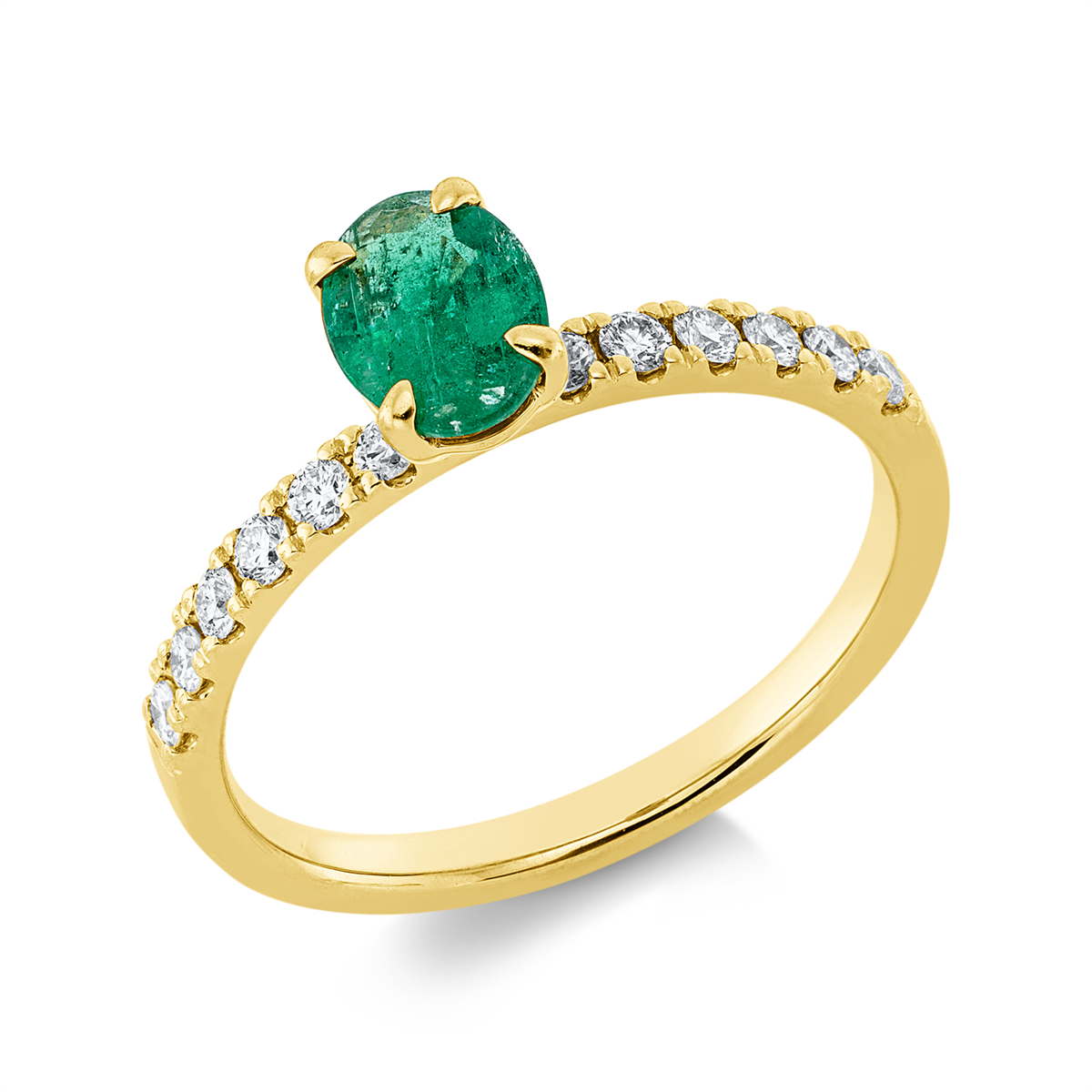 diamond full cut emerald colored stone classic ring in yellow gold