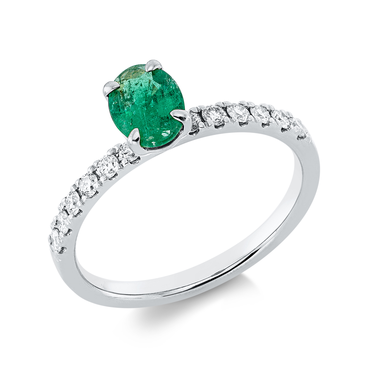 diamond full cut emerald colored stone classic ring in white gold
