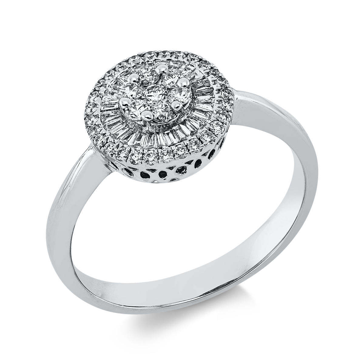 diamond full cut baguette illusion ring in white gold