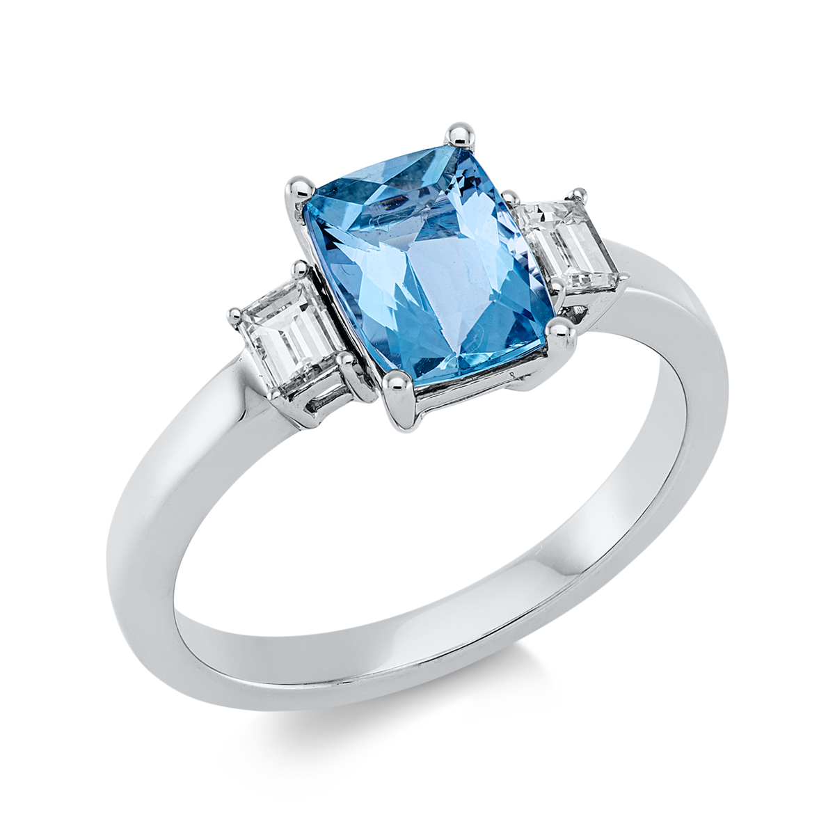 baguette aquamarine colored stone fashion ring in white gold