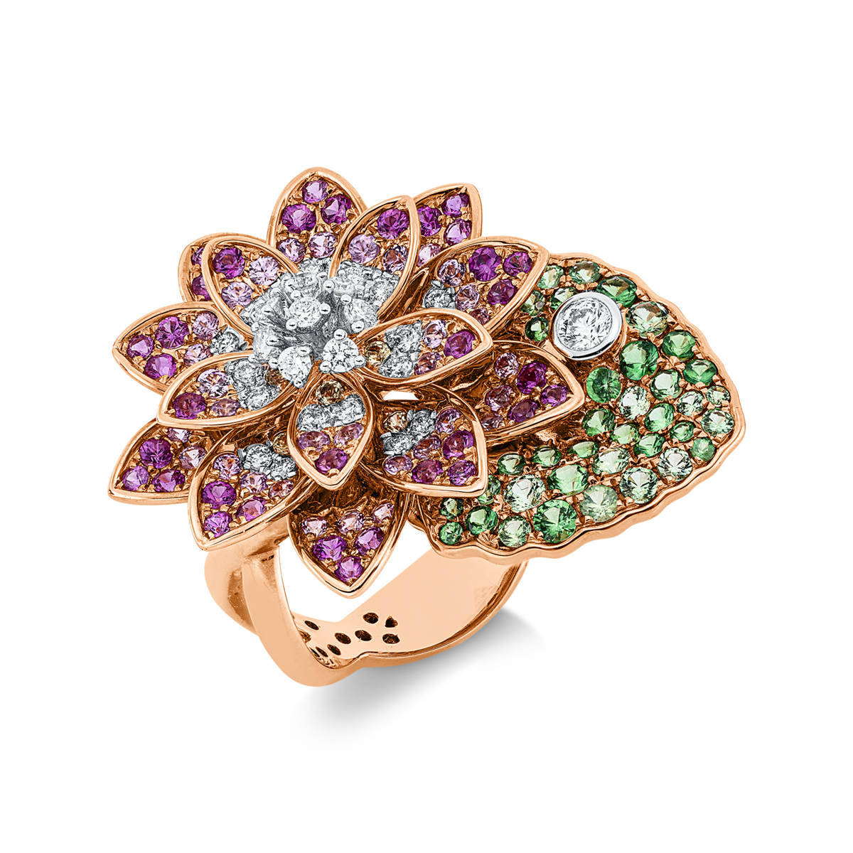 diamond full cut tsavorite colored stone classic ring in red gold / white gold