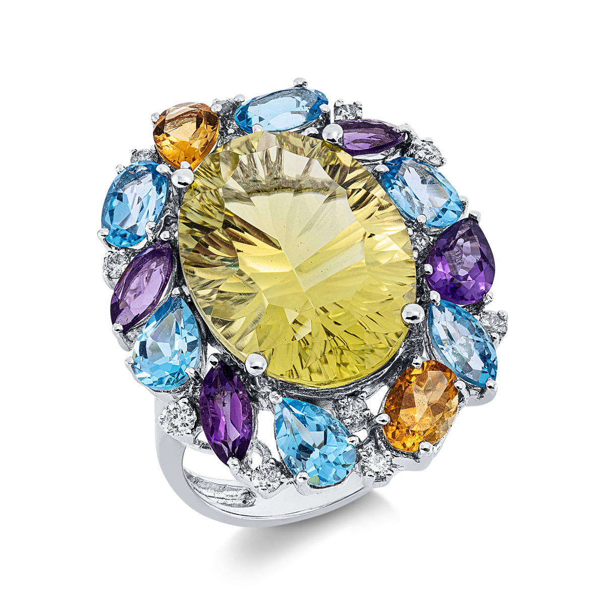 diamond full cut citrine colored stone fashion ring in white gold