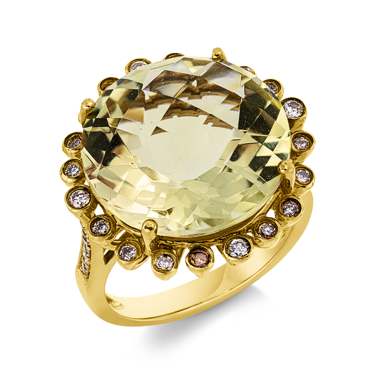 diamond full cut lemon quartz colored stone fashion ring in yellow gold