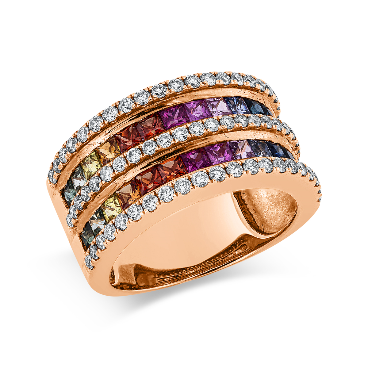 diamond full cut sapphire rainbow & multicolor ring in red gold