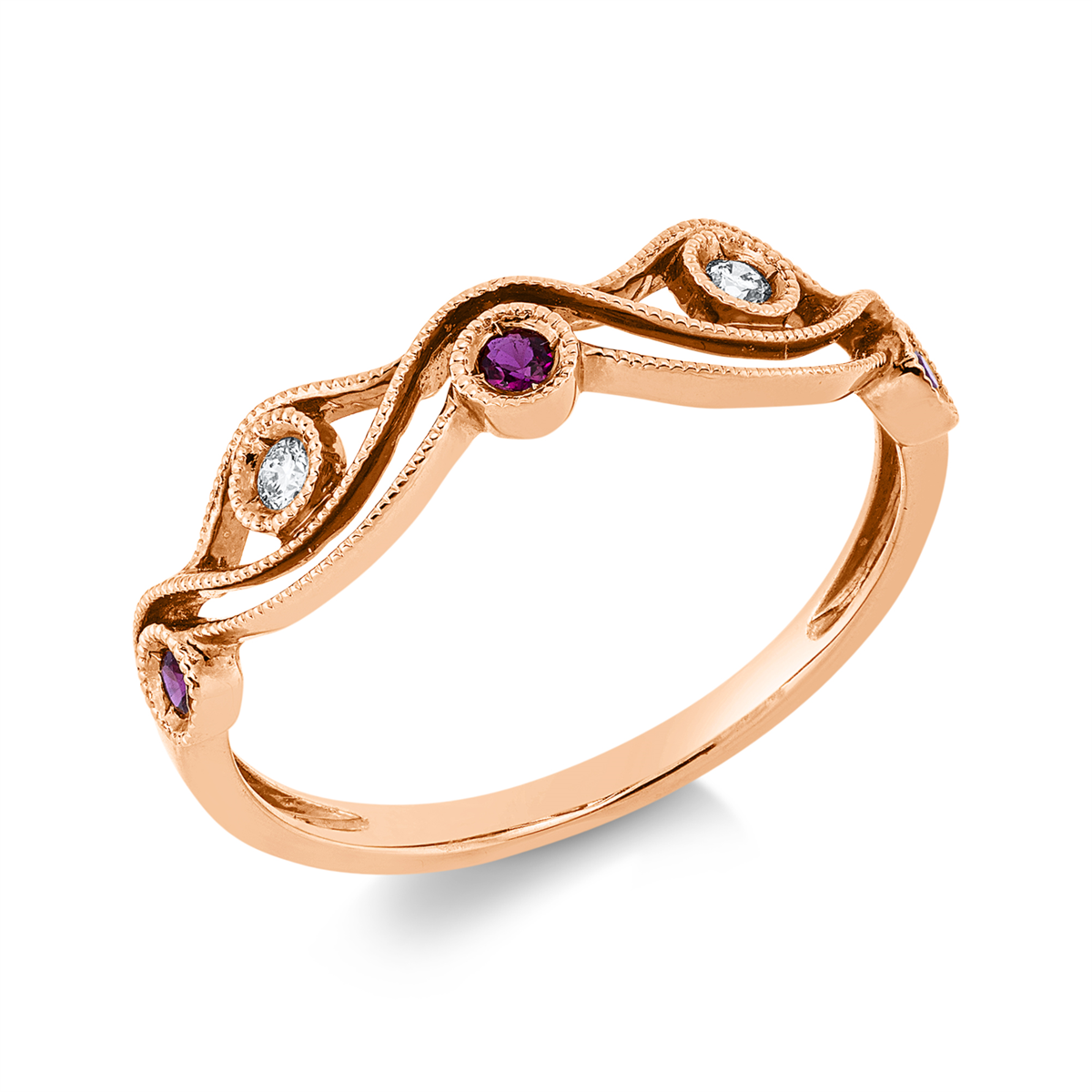 diamond full cut ruby colored stone classic ring in red gold