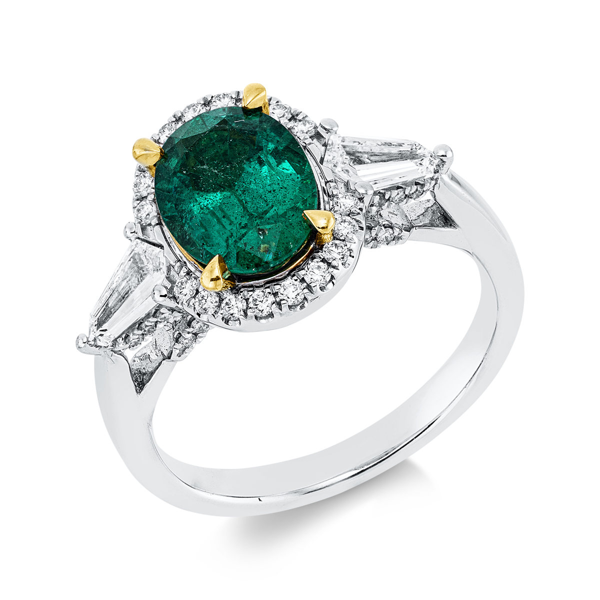 diamond full cut emerald colored stone classic ring in white gold / yellow gold