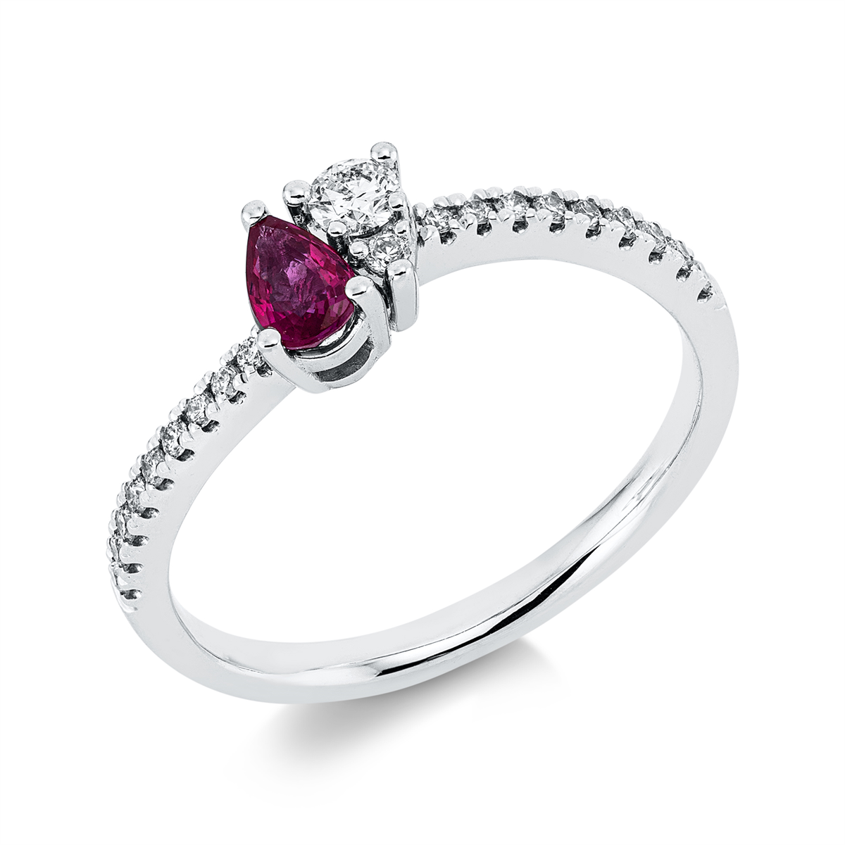diamond full cut ruby colored stone classic ring in white gold