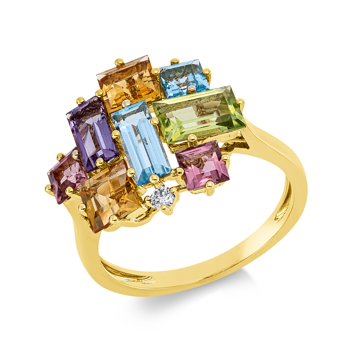 diamond full cut color stones colored stone fashion ring in yellow gold