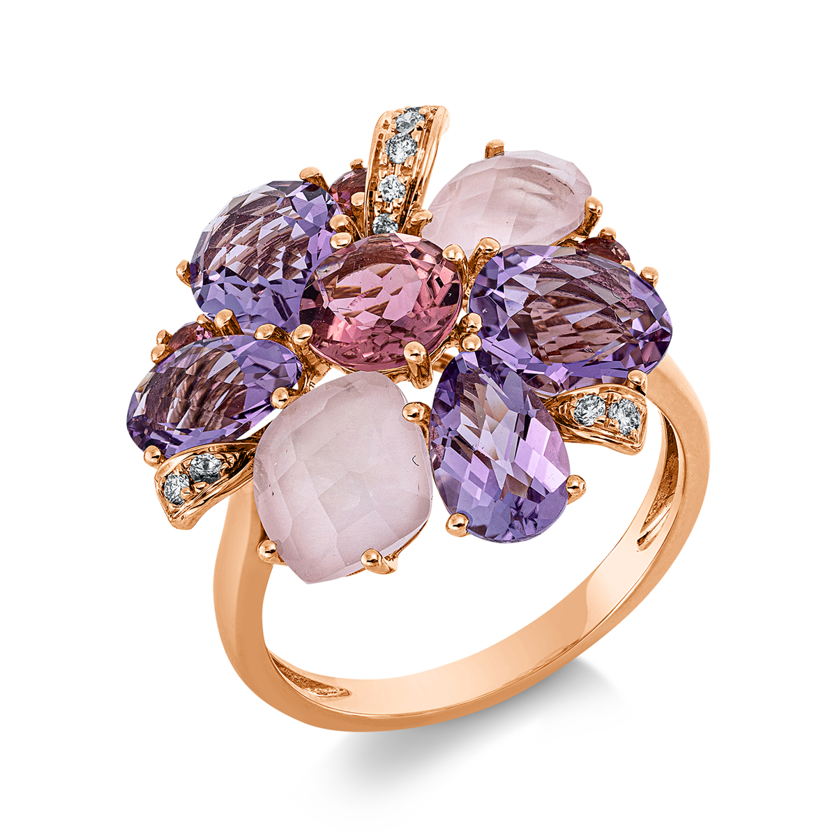 diamond full cut quartz colored stone fashion ring in red gold