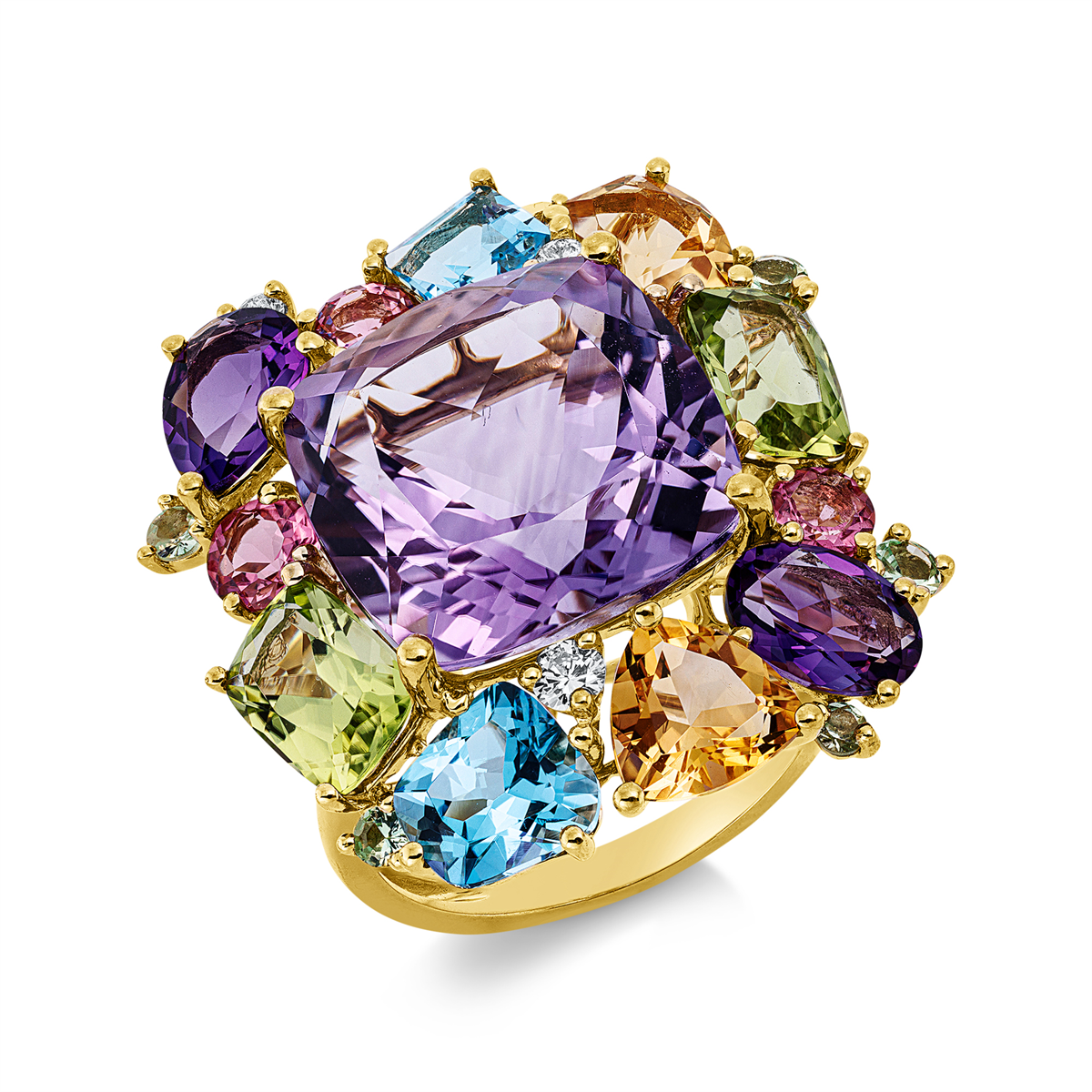 diamond full cut color stones colored stone fashion ring in yellow gold