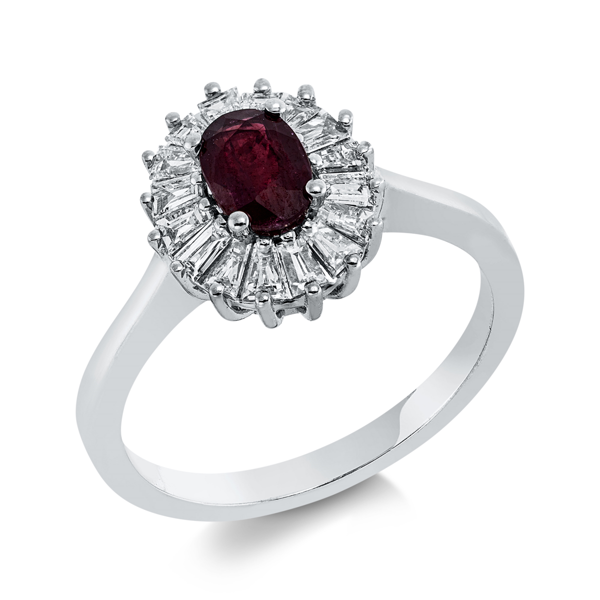 taper ruby colored stone classic ring in white gold