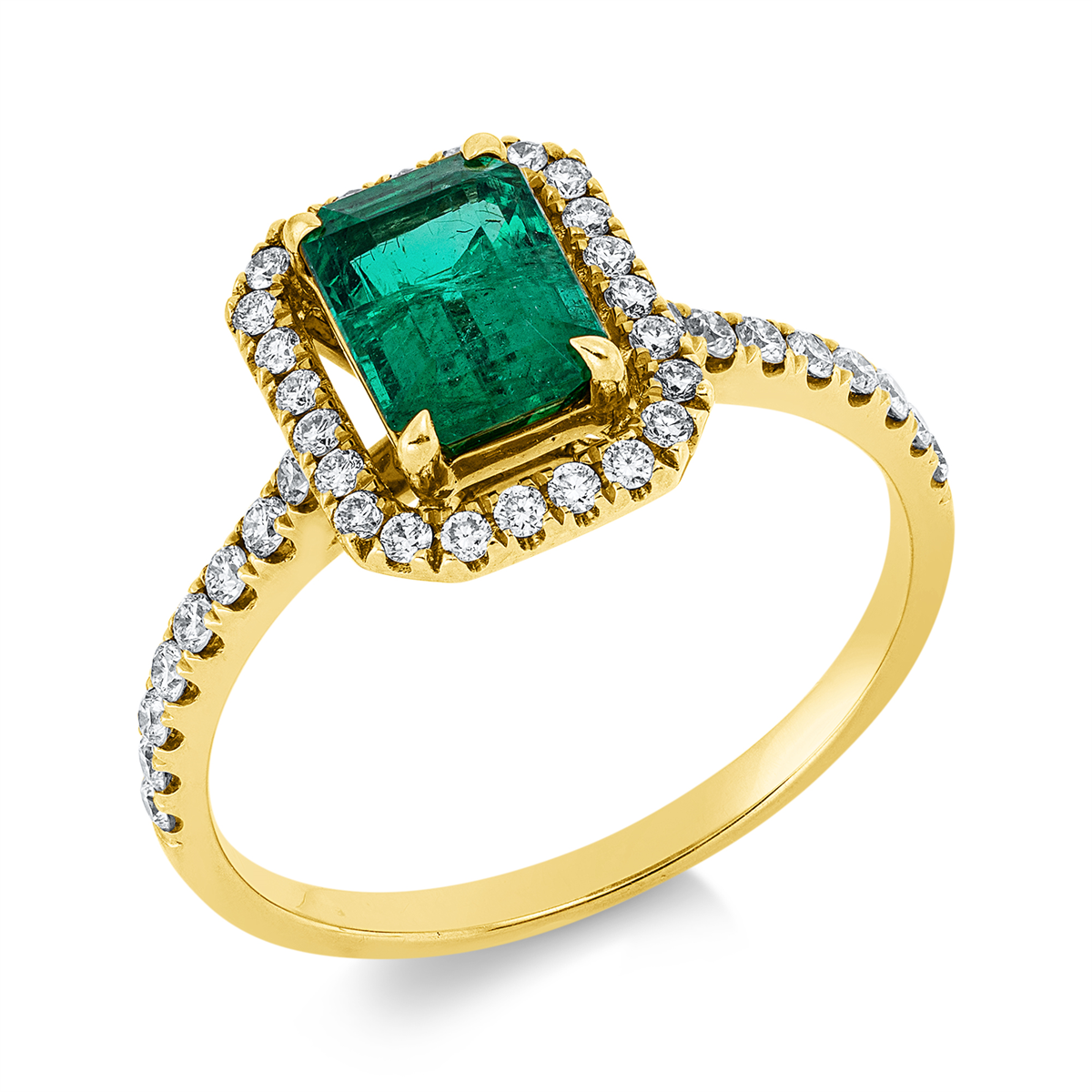 diamond full cut emerald colored stone classic ring in yellow gold