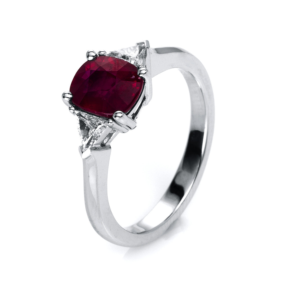 triangle cut ruby colored stone classic ring in white gold