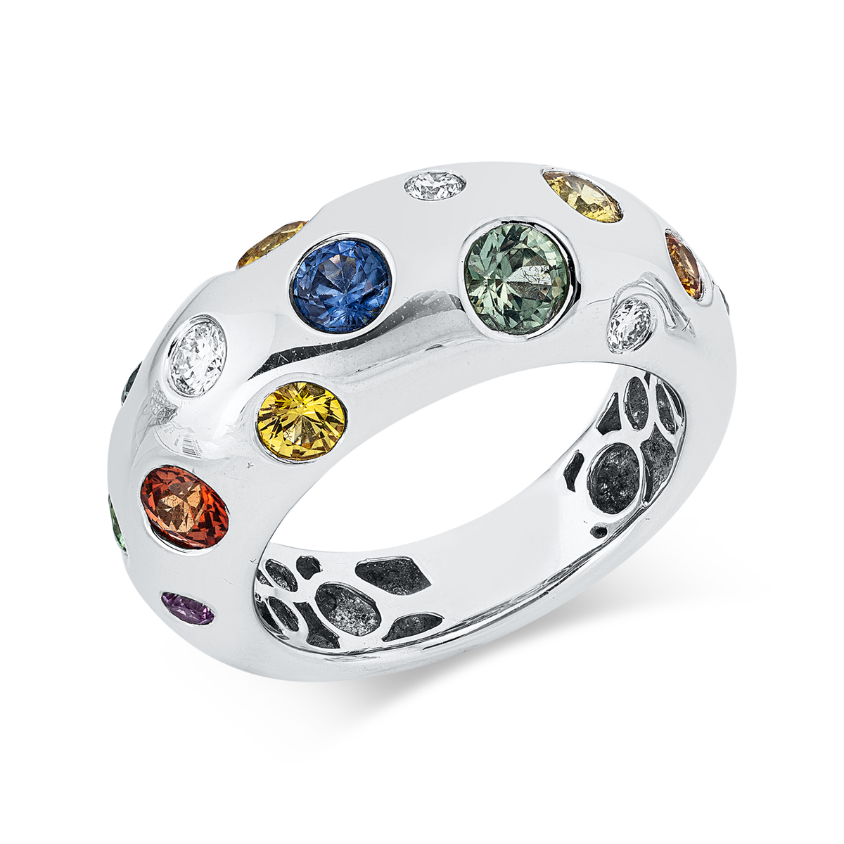 diamond full cut sapphire colored stone classic ring in white gold