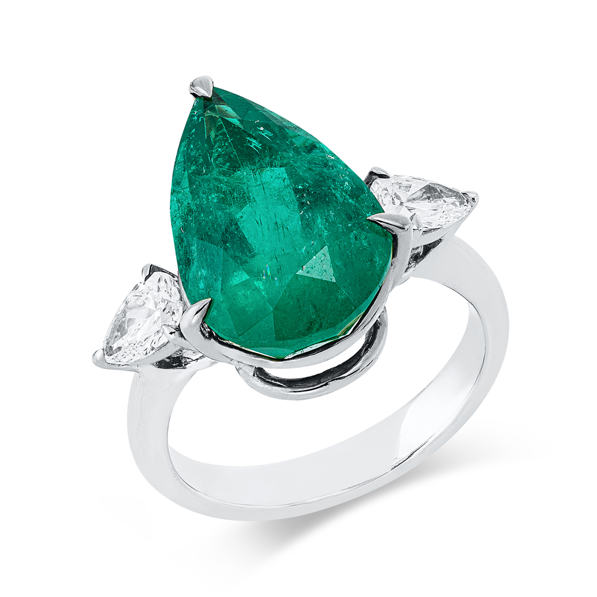 pear shape emerald colored stone classic ring in white gold / yellow gold