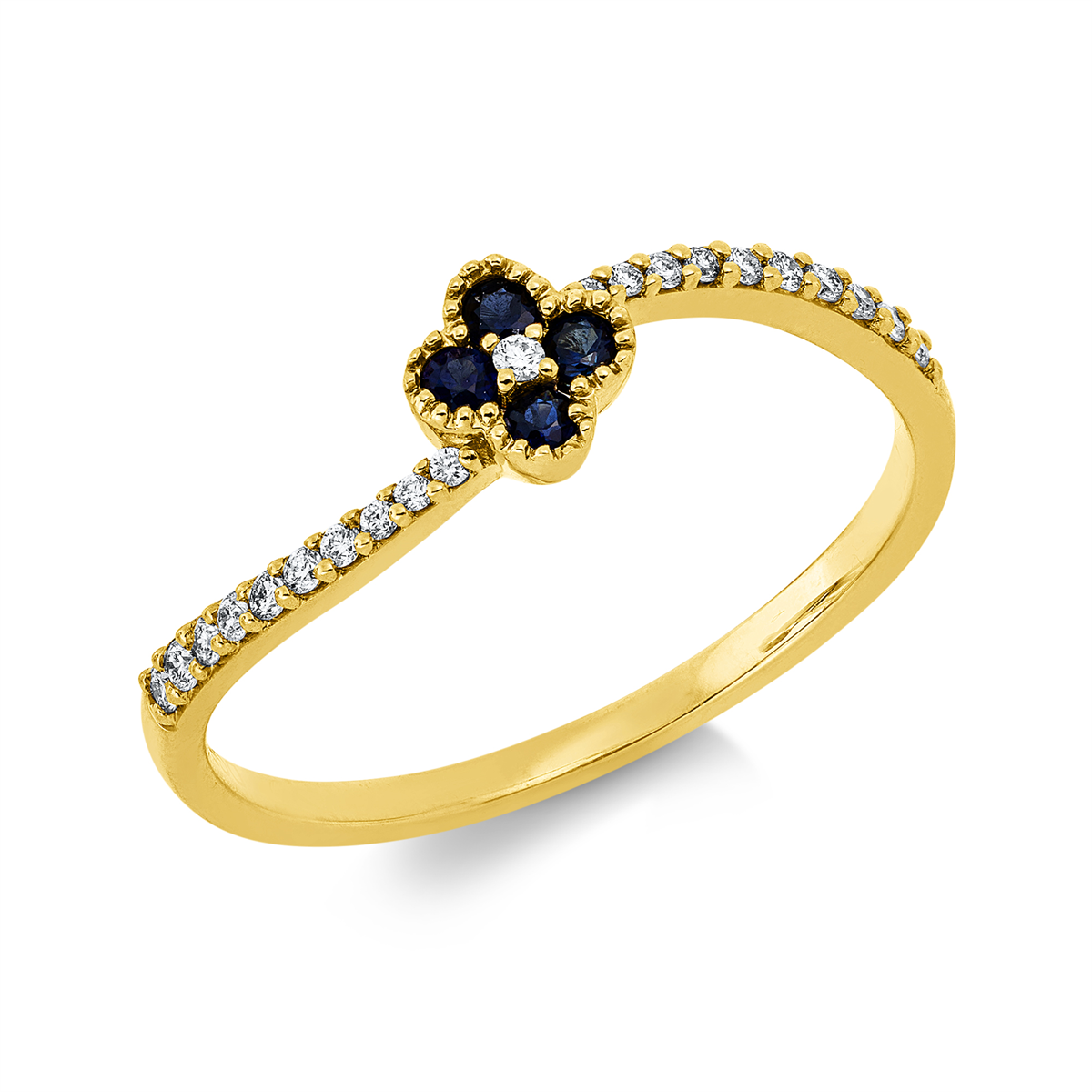 diamond full cut sapphire colored stone classic ring in yellow gold